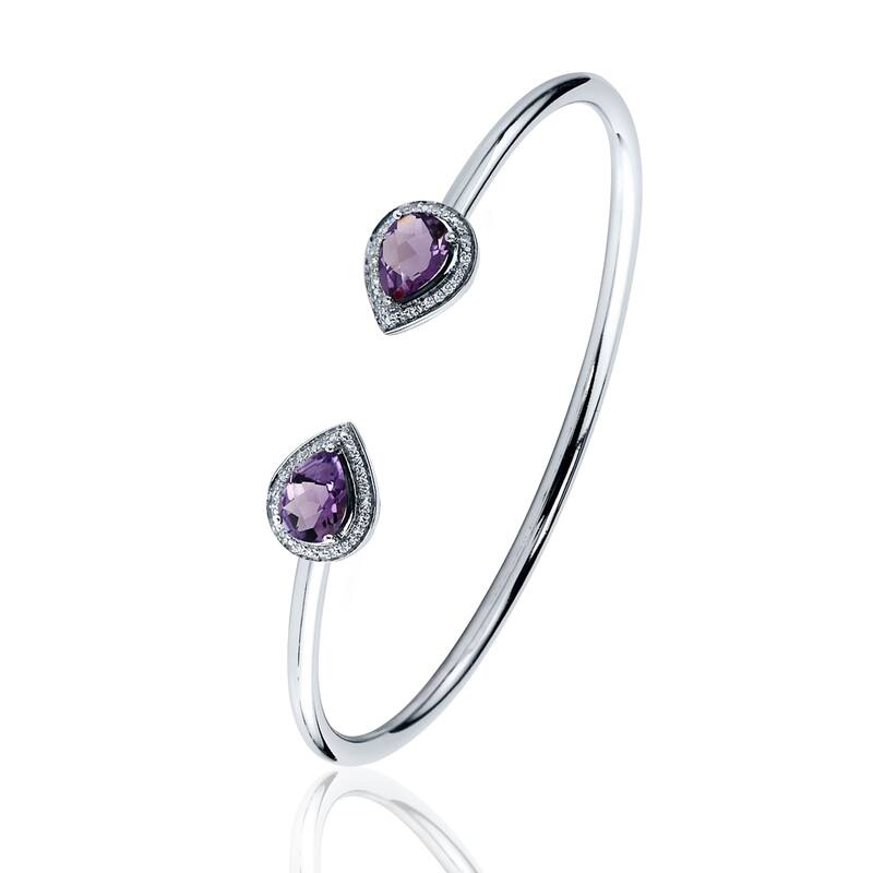 Stackable 1 3/4ct Pear Shaped Purple Amethyst Open Bangle Bracelet with Diamond Accents by Auriya in Gold over Silver