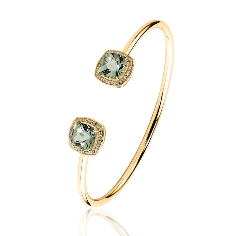 Stackable 3 3/4ct Green Cushion Amethyst Open Bangle Bracelet with Diamond Accents by Auriya in Gold over Silver