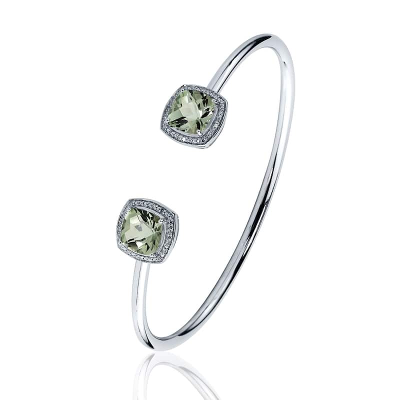 Stackable 3 3/4ct Green Cushion Amethyst Open Bangle Bracelet with Diamond Accents by Auriya in Gold over Silver
