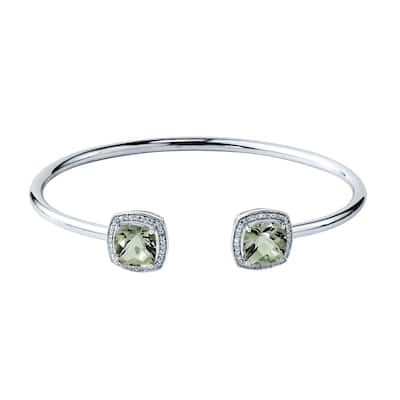 Stackable 3 3/4ct Green Cushion Amethyst Open Bangle Bracelet with Diamond Accents by Auriya in Gold over Silver