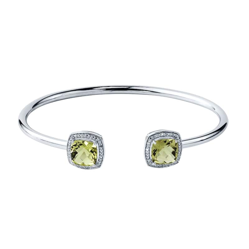Auriya 4ct Cushion-Cut Lemon Green Quartz Gold over Silver Bangle Bracelet with Diamond Accents