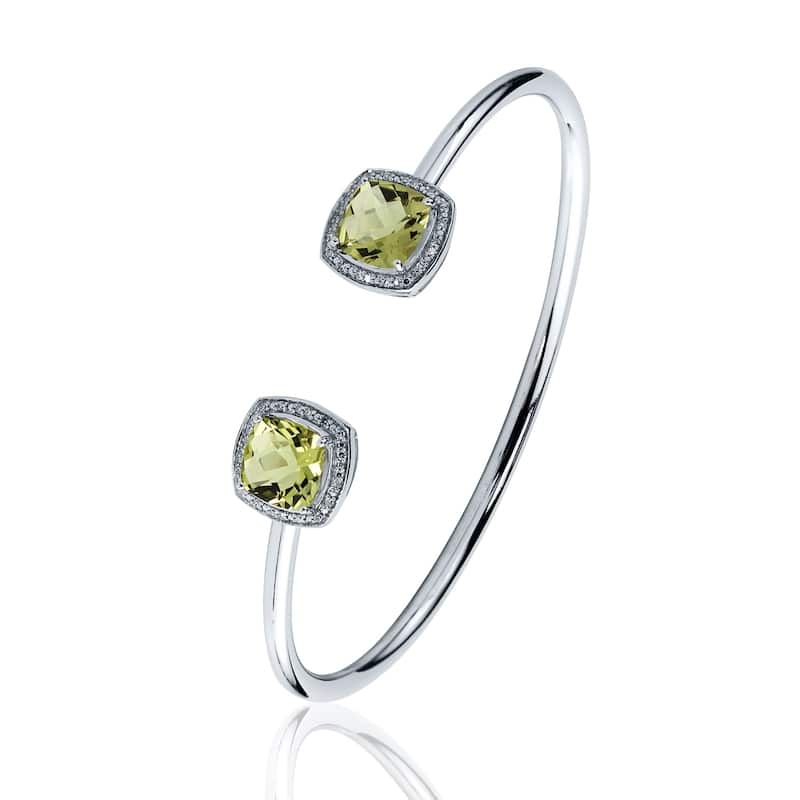 Auriya 4ct Cushion-Cut Lemon Green Quartz Gold over Silver Bangle Bracelet with Diamond Accents