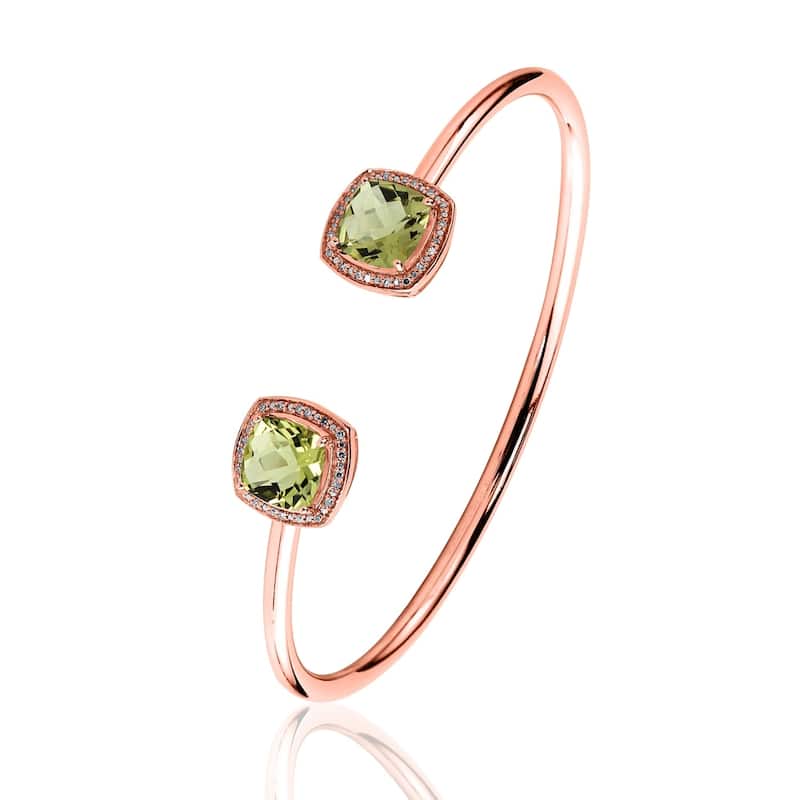 Auriya 4ct Cushion-Cut Lemon Green Quartz Gold over Silver Bangle Bracelet with Diamond Accents