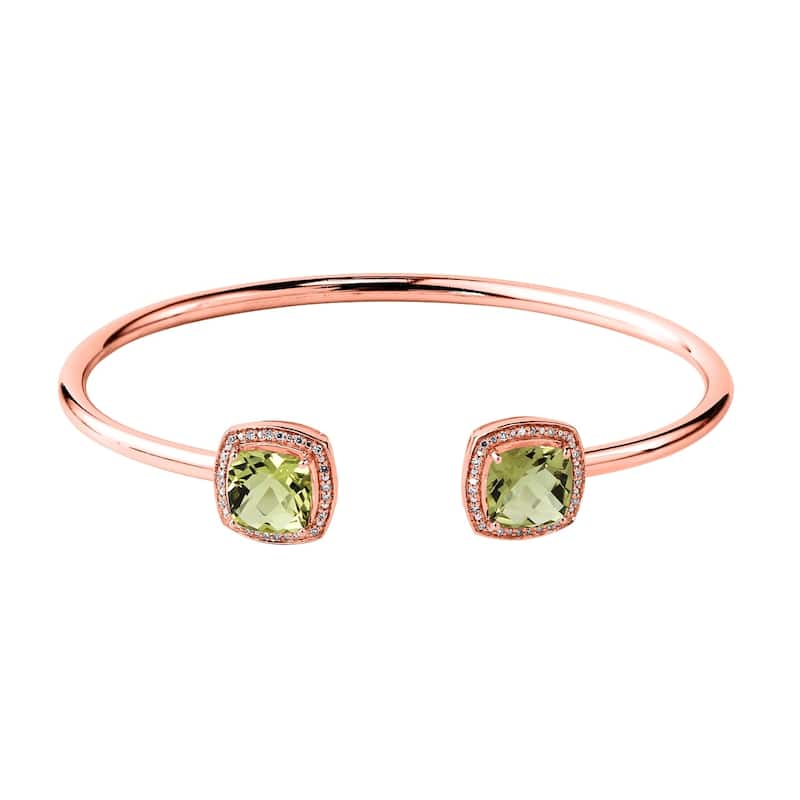 Auriya 4ct Cushion-Cut Lemon Green Quartz Gold over Silver Bangle Bracelet with Diamond Accents