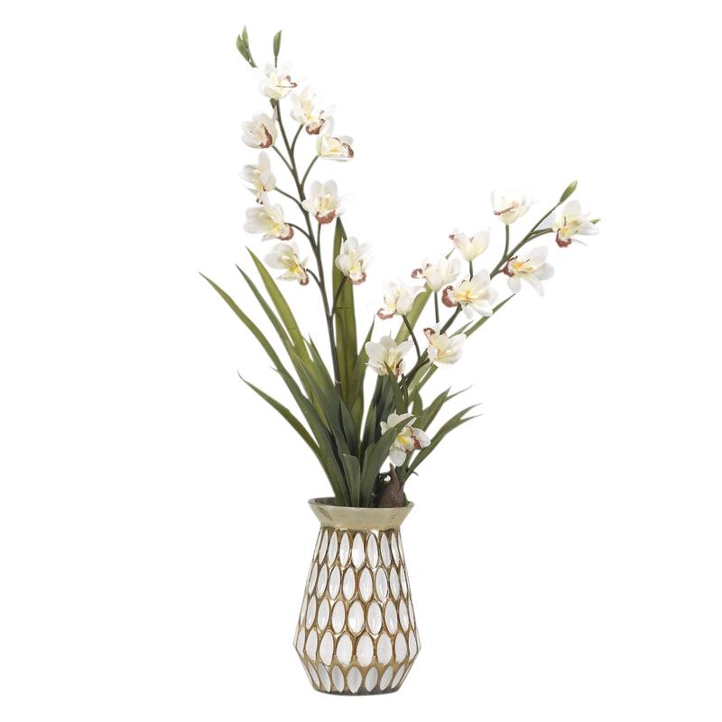 D&W Silks Cream Cymbidium Orchids in White/ Gold Glass Vase