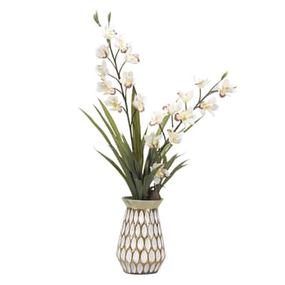 D&W Silks Cream Cymbidium Orchids in White/ Gold Glass Vase