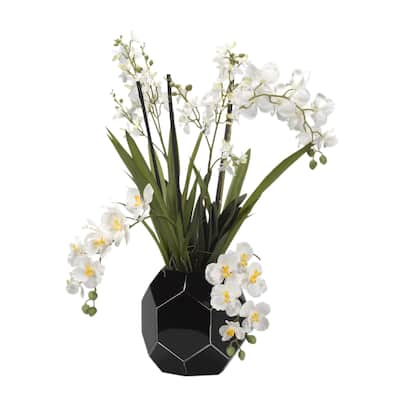 D&W Silks Cream Vanda and Dendrobium Orchids in Black Glass Bowl