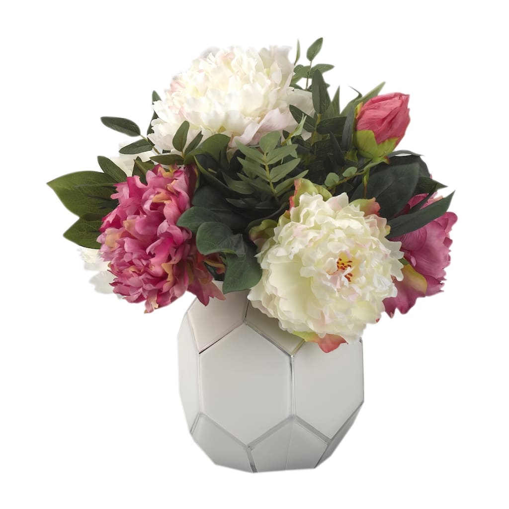 D&W Silks Pink and Cream Peonies in White Glass Bowl - Pink, Cream