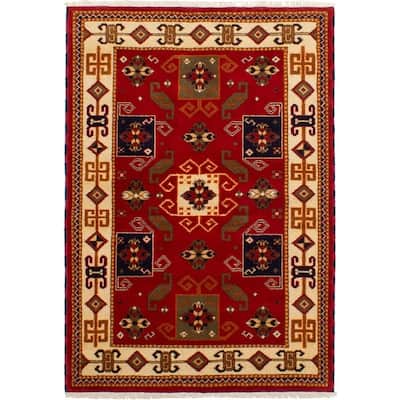 Hand-knotted Royal Kazak Red Wool Rug - 4'7 x 6'7/4'7" x 6'7"