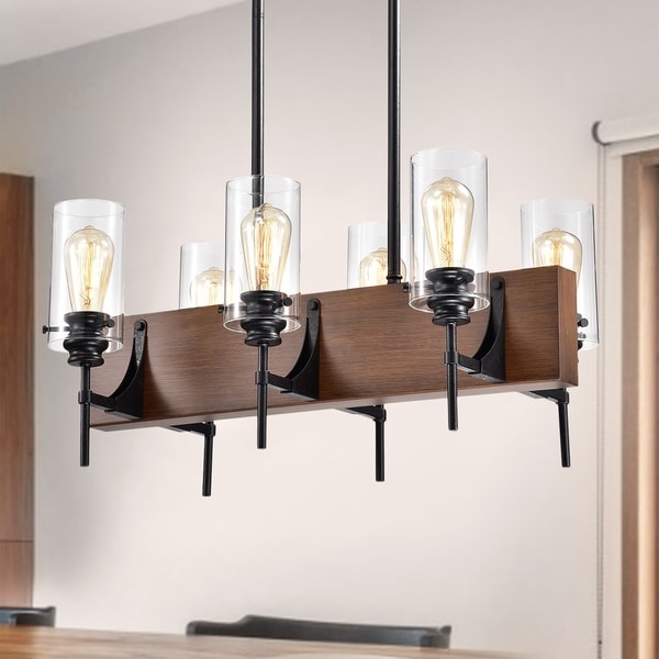 Solvyr Forged Black Metal and Wood 6-Light Chandelier with Clear Glass Tube Shades
