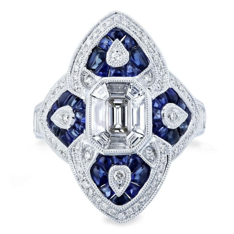 Kobelli 2.5 Carat Natural Diamond & Sapphire Cabochon 14k Solid White Gold Dual Pointed Shield Ring - Size 7 Only