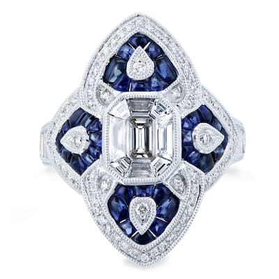 Kobelli 2.5 Carat Natural Diamond & Sapphire Cabochon 14k Solid White Gold Dual Pointed Shield Ring - Size 7 Only