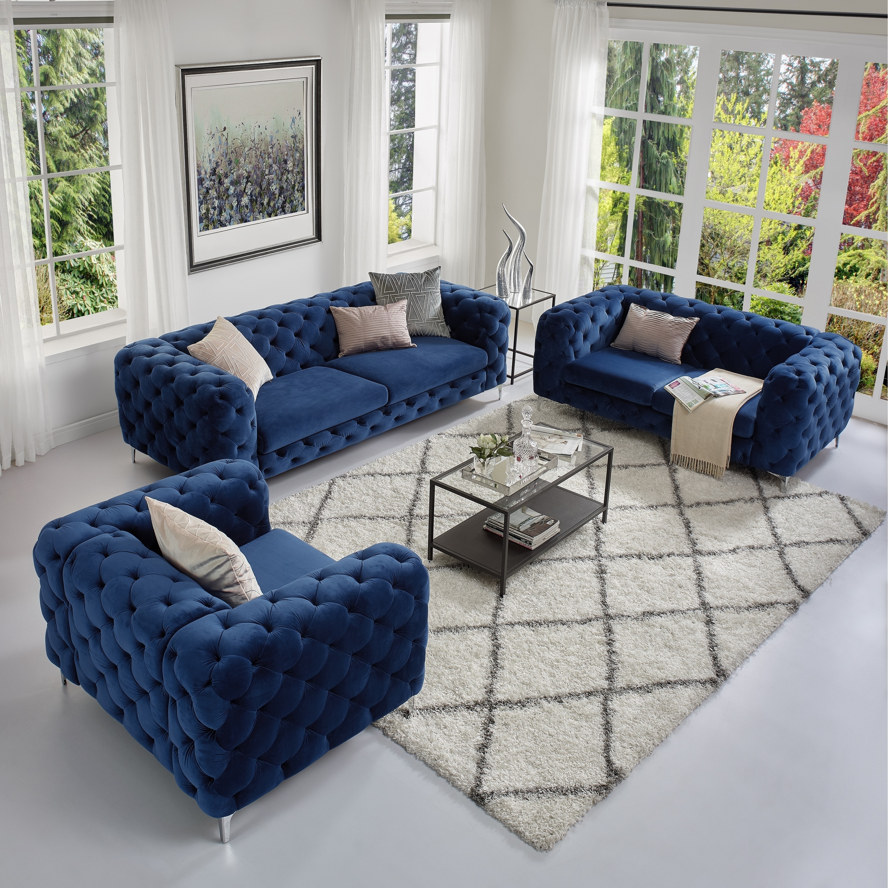 Corvus Aosta Tufted Velvet Loveseat And Sofa Living Room Chesterfield Set On Sale Overstock 21029535 Navy Blue