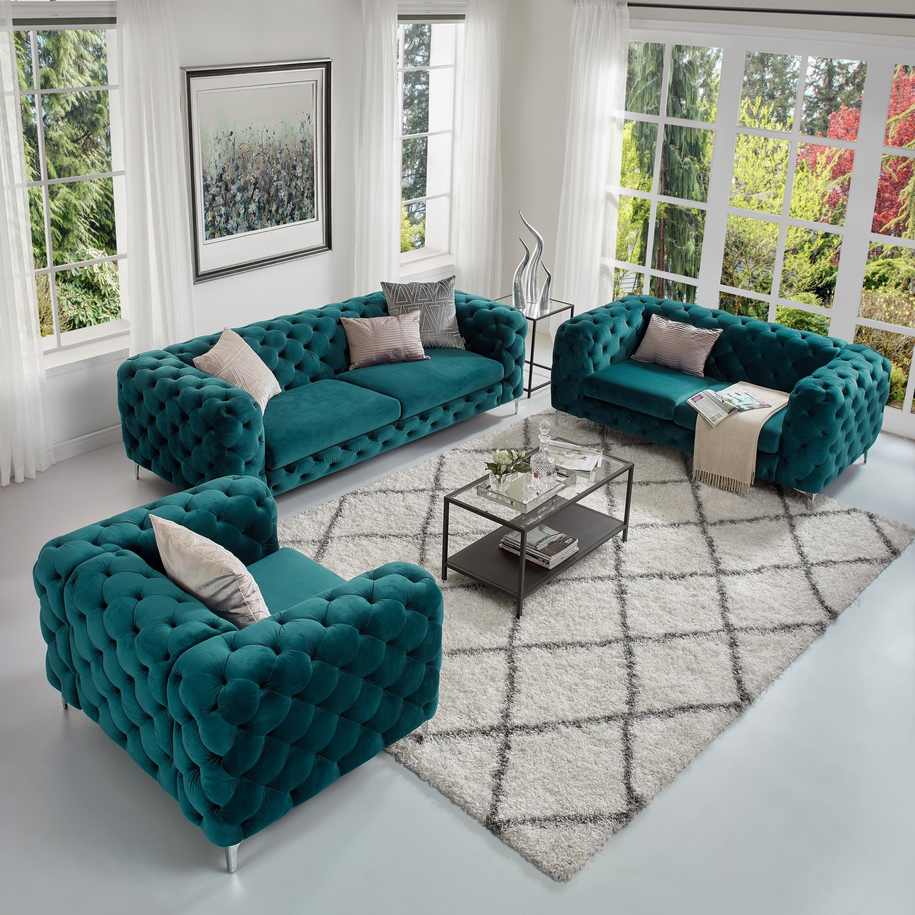 Corvus Aosta Tufted Velvet Loveseat And Sofa Living Room Chesterfield Set Overstock 21029535 Navy Blue