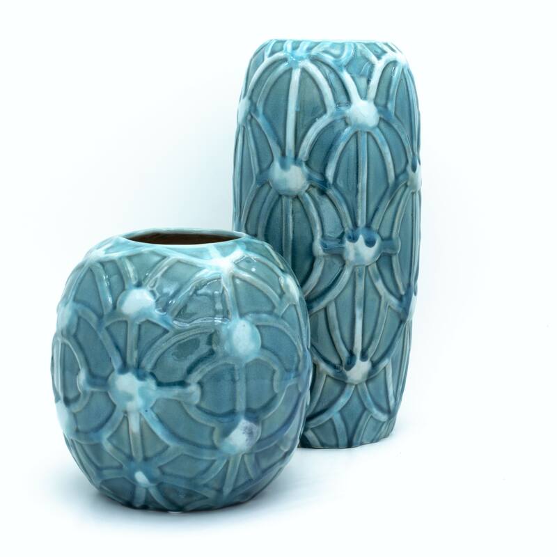 Euro Ceramica Grotto Aqua 7" Round Rope Vase