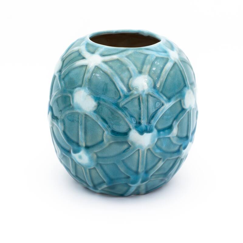 Euro Ceramica Grotto Aqua 7" Round Rope Vase