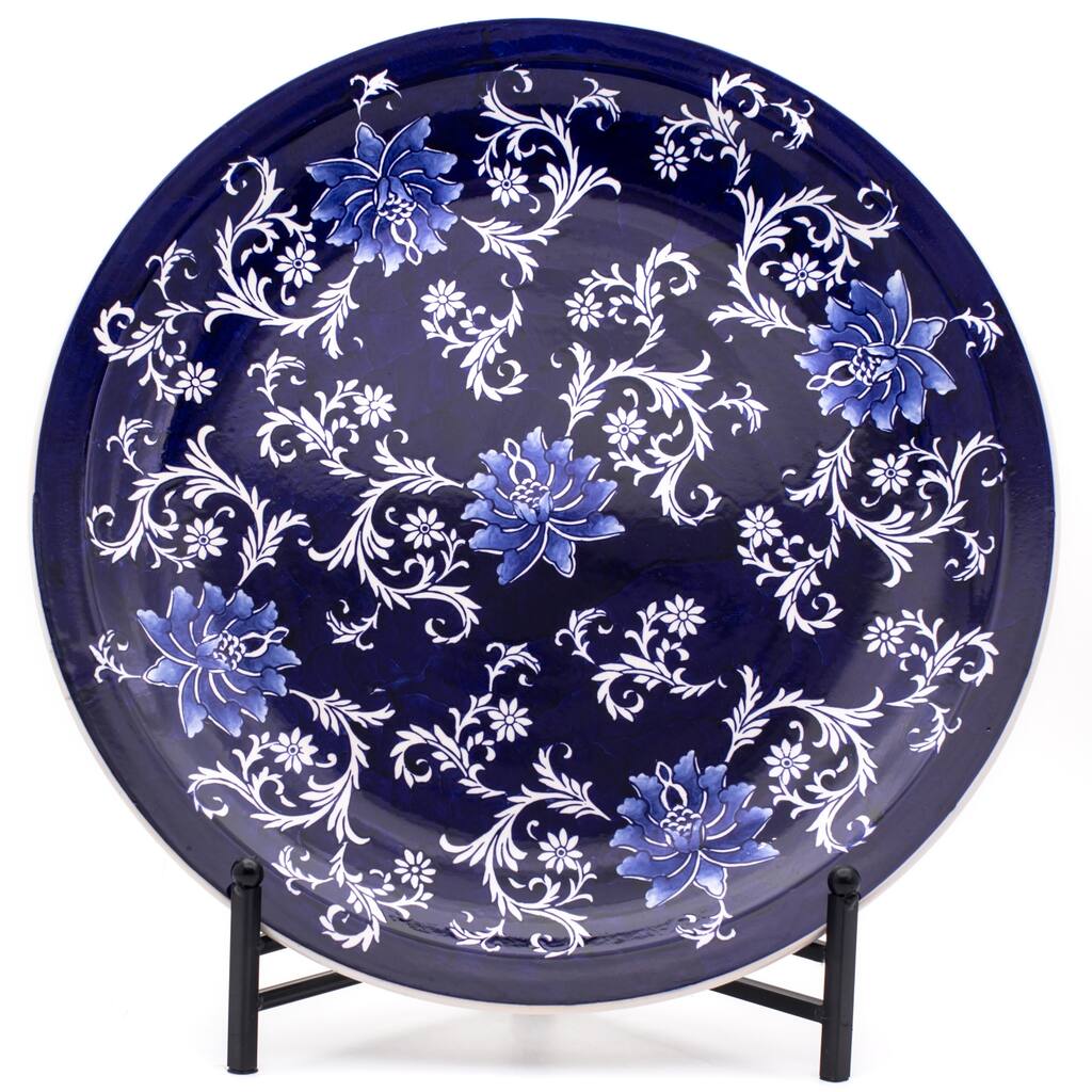 Euro Ceramica Blue Garden Ceramic 18" Decorative Plate with Stand - 18 in. x 18 in. x 2.5 in.