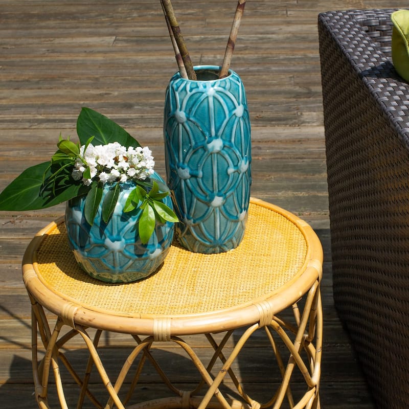 Euro Ceramica Grotto Aqua 12" Tall Rope Vase