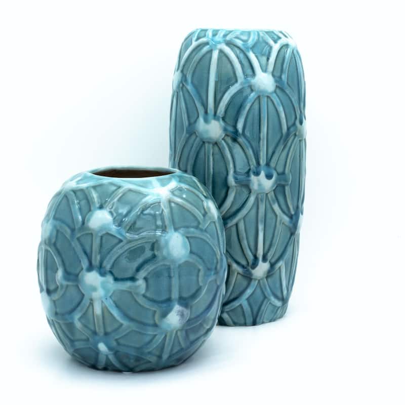 Euro Ceramica Grotto Aqua 12" Tall Rope Vase