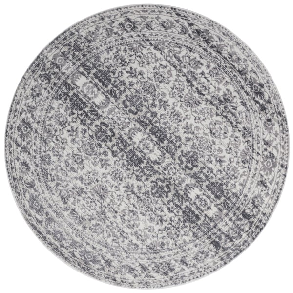 Distressed Transitional Grey Stone Vintage Damask Round Rug - 7'10" x 7'10" Round