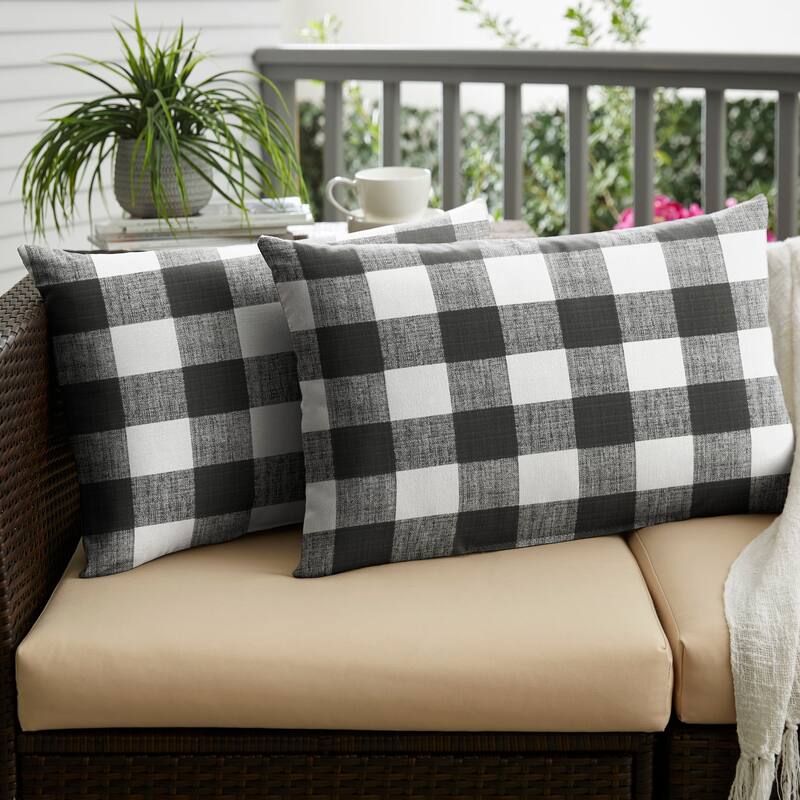 Sorra Home Black Buffalo Plaid Indoor/ Outdoor XL Lumbar Pillow, Set of 2 - 16 in h x 26 in w