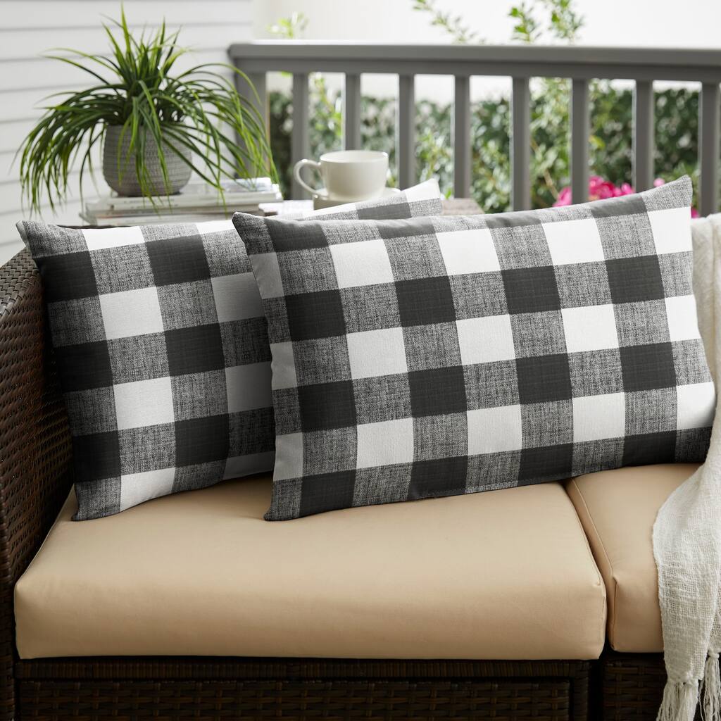 Sorra Home Black Buffalo Plaid Indoor/ Outdoor XL Lumbar Pillow, Set of 2 - 16 in h x 26 in w