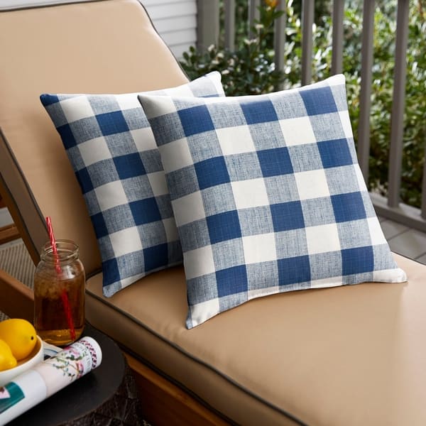 slide 1 of 4, Humble + Haute Dark Blue Buffalo Plaid Indoor/ Outdoor Square Pillow, Set of 2 22 in h x 22 in d