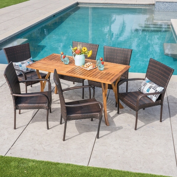 Monterey 7pc Acacia & Wicker Dining Set – Gray – Christopher Knight Home For Sale