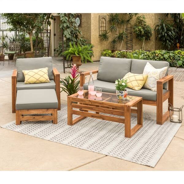 Shop 4 Piece Hudson Brown Acacia Outdoor Chat Set With Grey