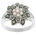 Glitzy Rocks Sterling Silver Marcasite and Synthetic Pearl Floral Ring