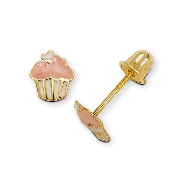 Curata Solid 14k Yellow Gold Childrens Small Color Enamel Cupcake Curata Solid 14k Yellow Gold Childrens Small Color Enamel Cupcake Back Stud Earrings