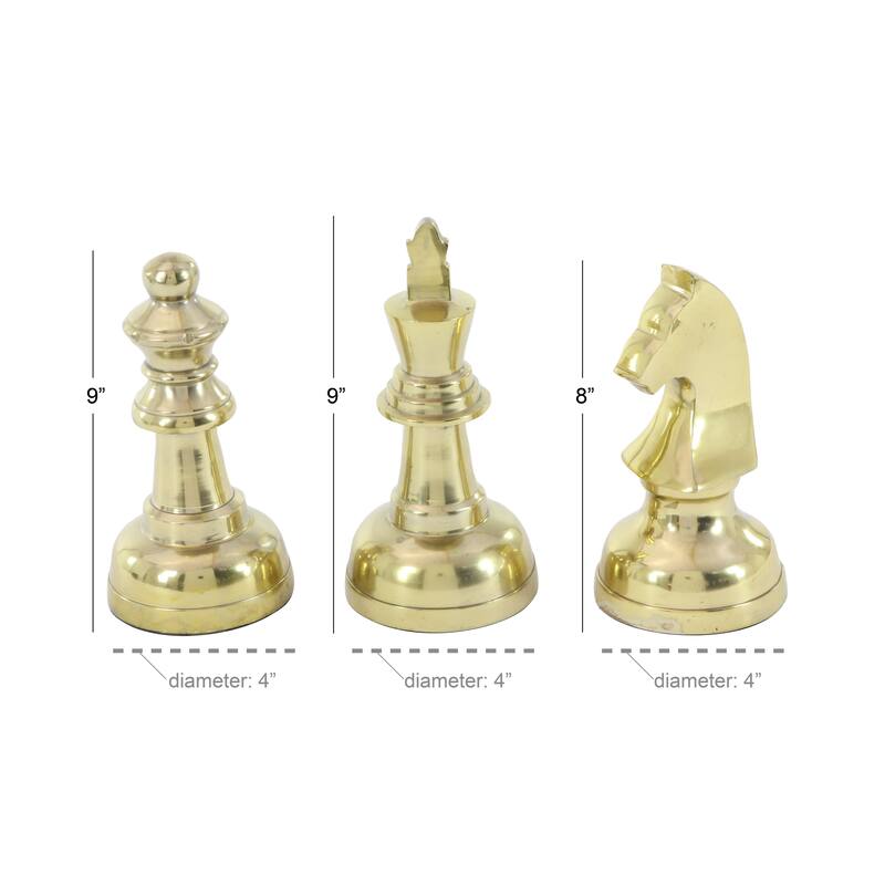 Gold Aluminum Metal Chess Decorative Sculpture with Knight, Queen and King (Set of 3)