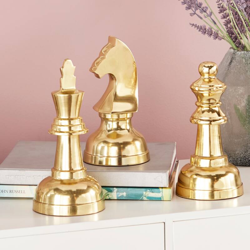 Gold Aluminum Metal Chess Decorative Sculpture with Knight, Queen and King (Set of 3)