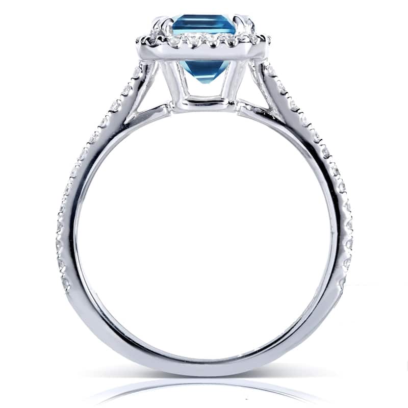 Annello by Kobelli 14k White Gold 1 3/4ct TGW Emerald Cut Swiss Blue Topaz and Diamond Halo Gemstone Ring