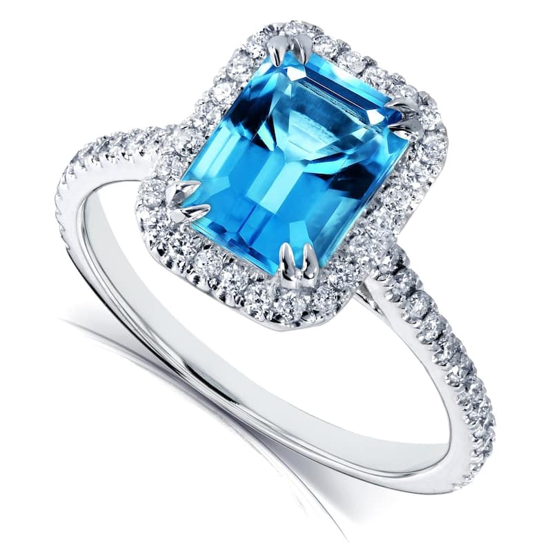 Annello by Kobelli 14k White Gold 1 3/4ct TGW Emerald Cut Swiss Blue Topaz and Diamond Halo Gemstone Ring