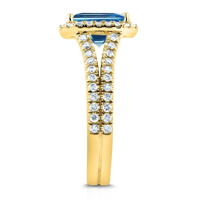 Annello by Kobelli 14k White Gold 2ct TGW Emerald Cut Swiss Blue Topaz and Diamond Halo Split Shank Gemstone Ring