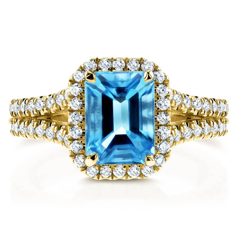 Annello by Kobelli 14k White Gold 2ct TGW Emerald Cut Swiss Blue Topaz and Diamond Halo Split Shank Gemstone Ring