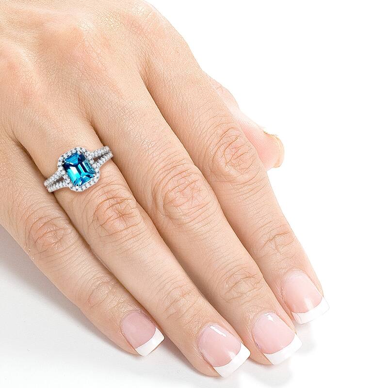 Annello by Kobelli 14k White Gold 2ct TGW Emerald Cut Swiss Blue Topaz and Diamond Halo Split Shank Gemstone Ring