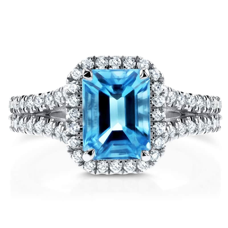 Annello by Kobelli 14k White Gold 2ct TGW Emerald Cut Swiss Blue Topaz and Diamond Halo Split Shank Gemstone Ring