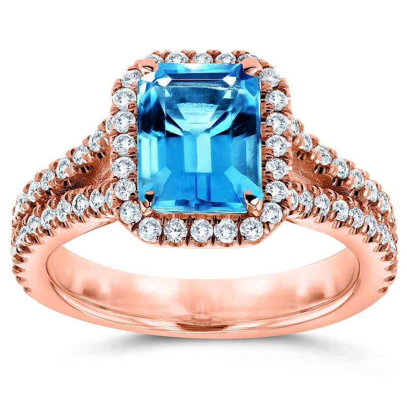 Annello by Kobelli 14k White Gold 2ct TGW Emerald Cut Swiss Blue Topaz and Diamond Halo Split Shank Gemstone Ring