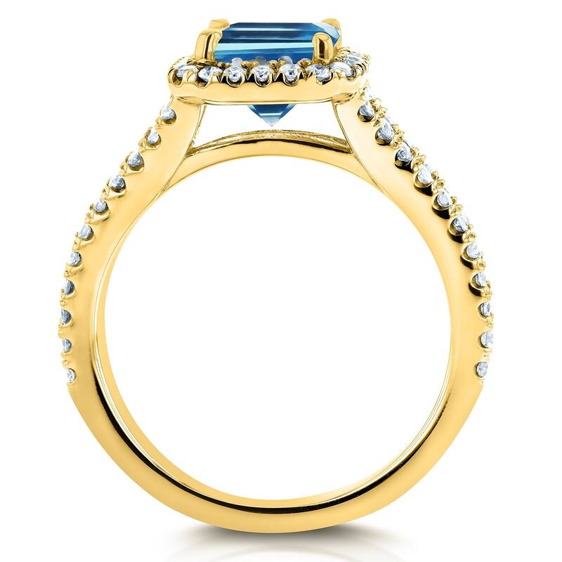Annello by Kobelli 14k White Gold 2ct TGW Emerald Cut Swiss Blue Topaz and Diamond Halo Split Shank Gemstone Ring
