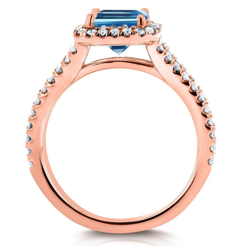 Annello by Kobelli 14k White Gold 2ct TGW Emerald Cut Swiss Blue Topaz and Diamond Halo Split Shank Gemstone Ring