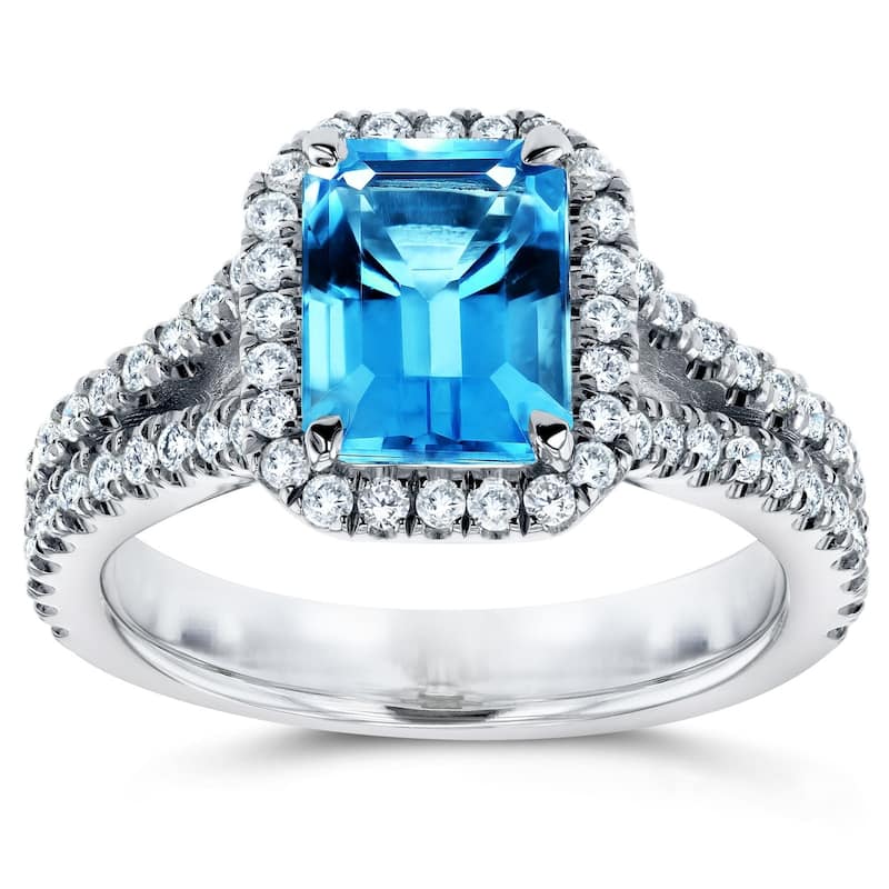 Annello by Kobelli 14k White Gold 2ct TGW Emerald Cut Swiss Blue Topaz and Diamond Halo Split Shank Gemstone Ring