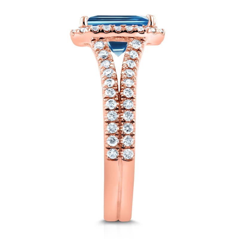 Annello by Kobelli 14k White Gold 2ct TGW Emerald Cut Swiss Blue Topaz and Diamond Halo Split Shank Gemstone Ring