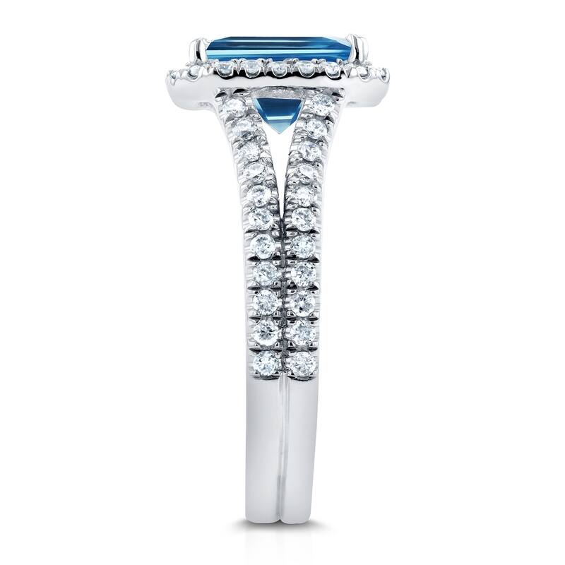 Annello by Kobelli 14k White Gold 2ct TGW Emerald Cut Swiss Blue Topaz and Diamond Halo Split Shank Gemstone Ring