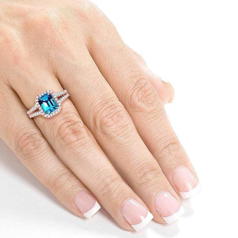 Annello by Kobelli 14k White Gold 2ct TGW Emerald Cut Swiss Blue Topaz and Diamond Halo Split Shank Gemstone Ring