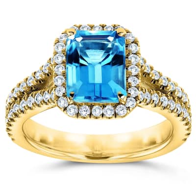 Annello by Kobelli 14k White Gold 2ct TGW Emerald Cut Swiss Blue Topaz and Diamond Halo Split Shank Gemstone Ring