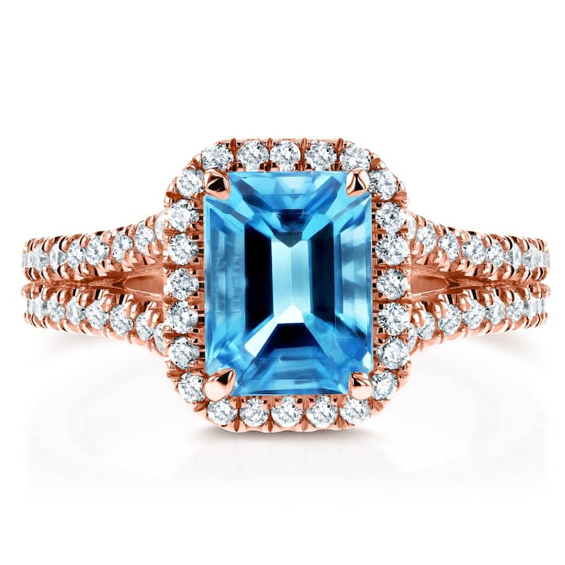 Annello by Kobelli 14k White Gold 2ct TGW Emerald Cut Swiss Blue Topaz and Diamond Halo Split Shank Gemstone Ring