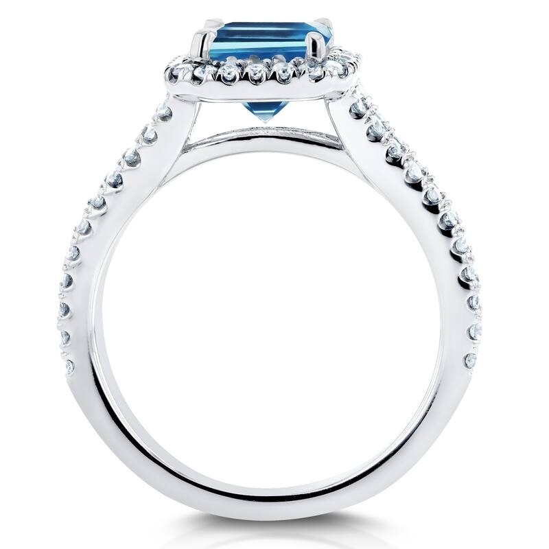Annello by Kobelli 14k White Gold 2ct TGW Emerald Cut Swiss Blue Topaz and Diamond Halo Split Shank Gemstone Ring