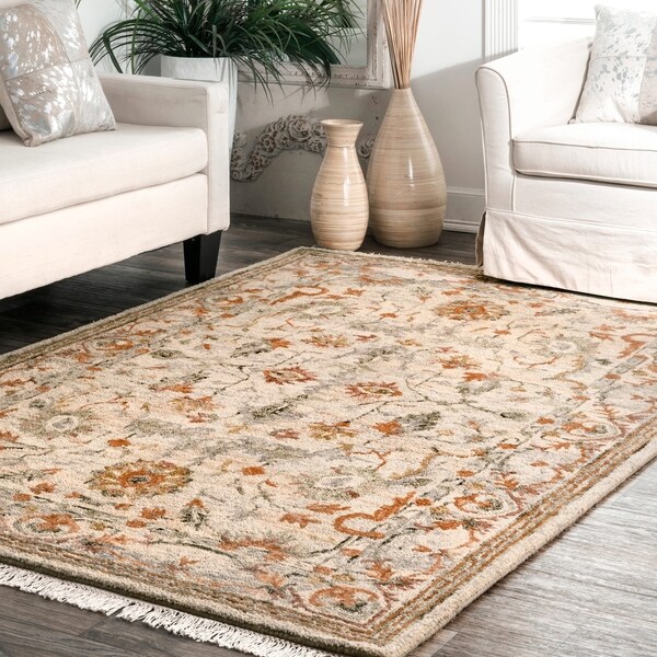 nuLOOM Beige Handmade Vintage Floral Oasis Wool Border Area Rug